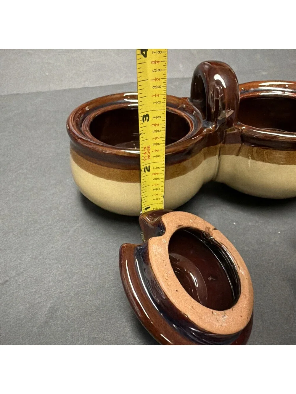 Vintage Stoneware Two-Tone Brown Tan Double Condiment Set Lids Spoons Taiwan